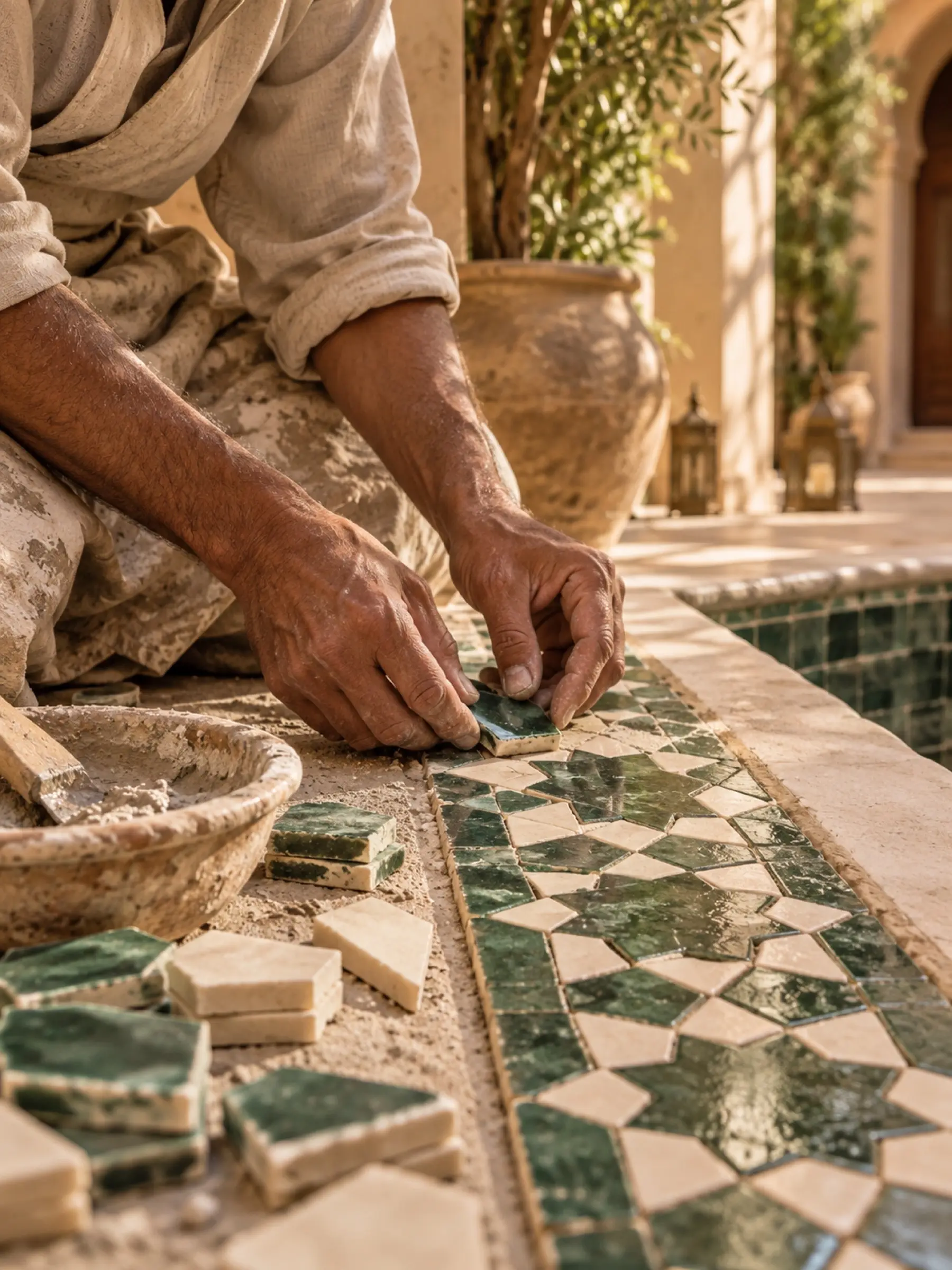 Zellige tiles being laid
