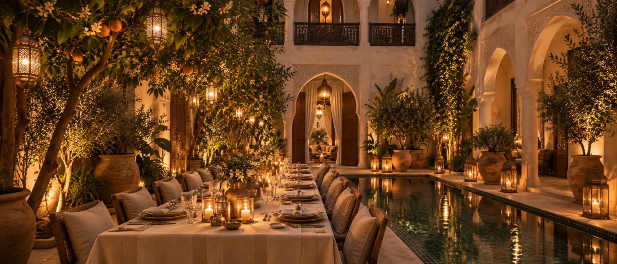 The courtyard set for dinner by lantern light