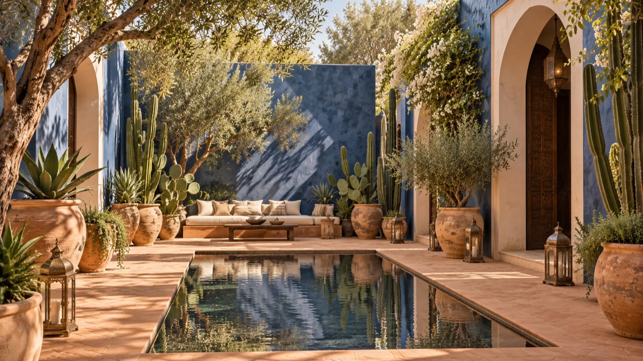 Blue garden wall with cacti