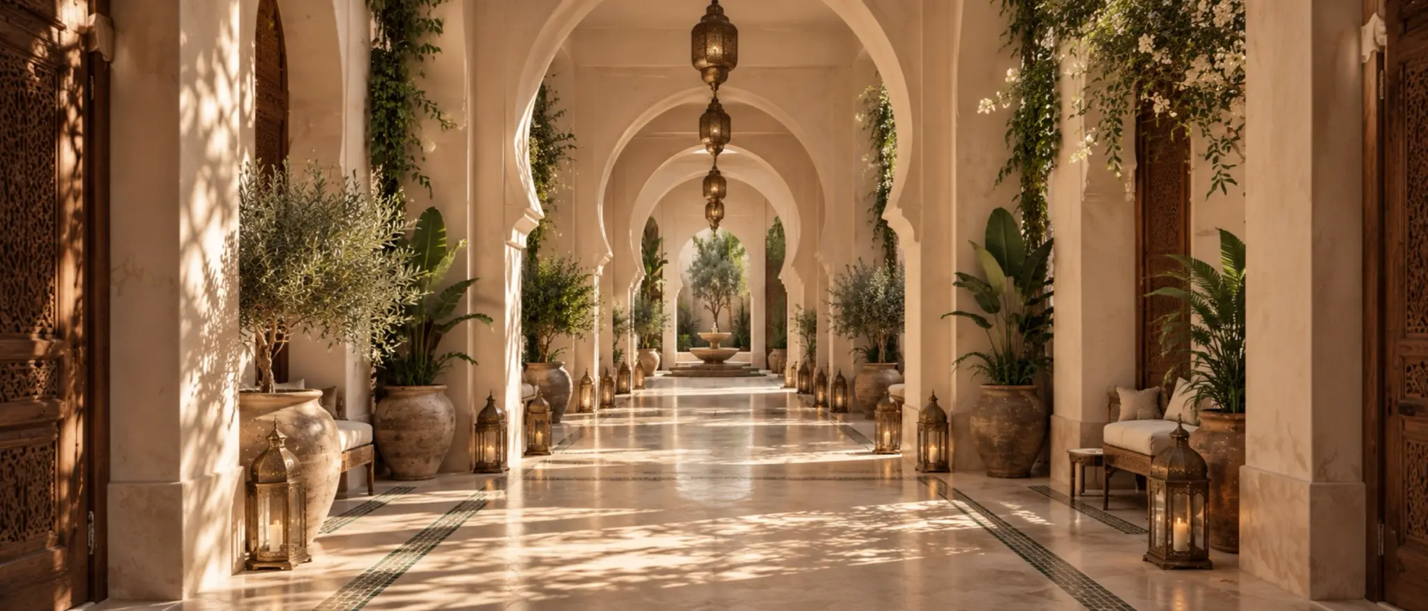 A corridor of arches inside the riad